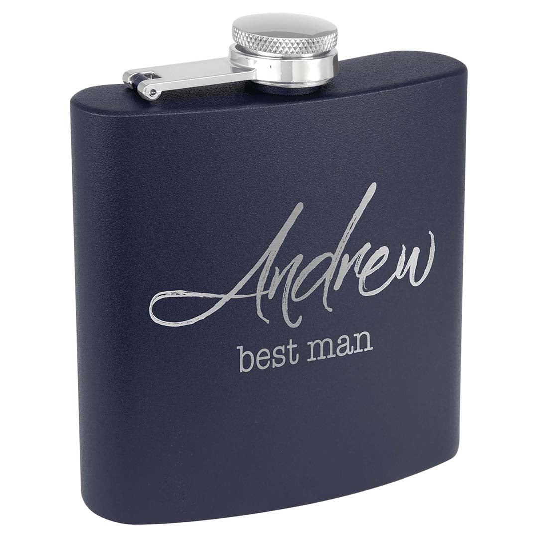 Engravable 6 oz. Stainless Steel Flask Drinkware JDS Matee Navy Powder Coated/Silver Engraving