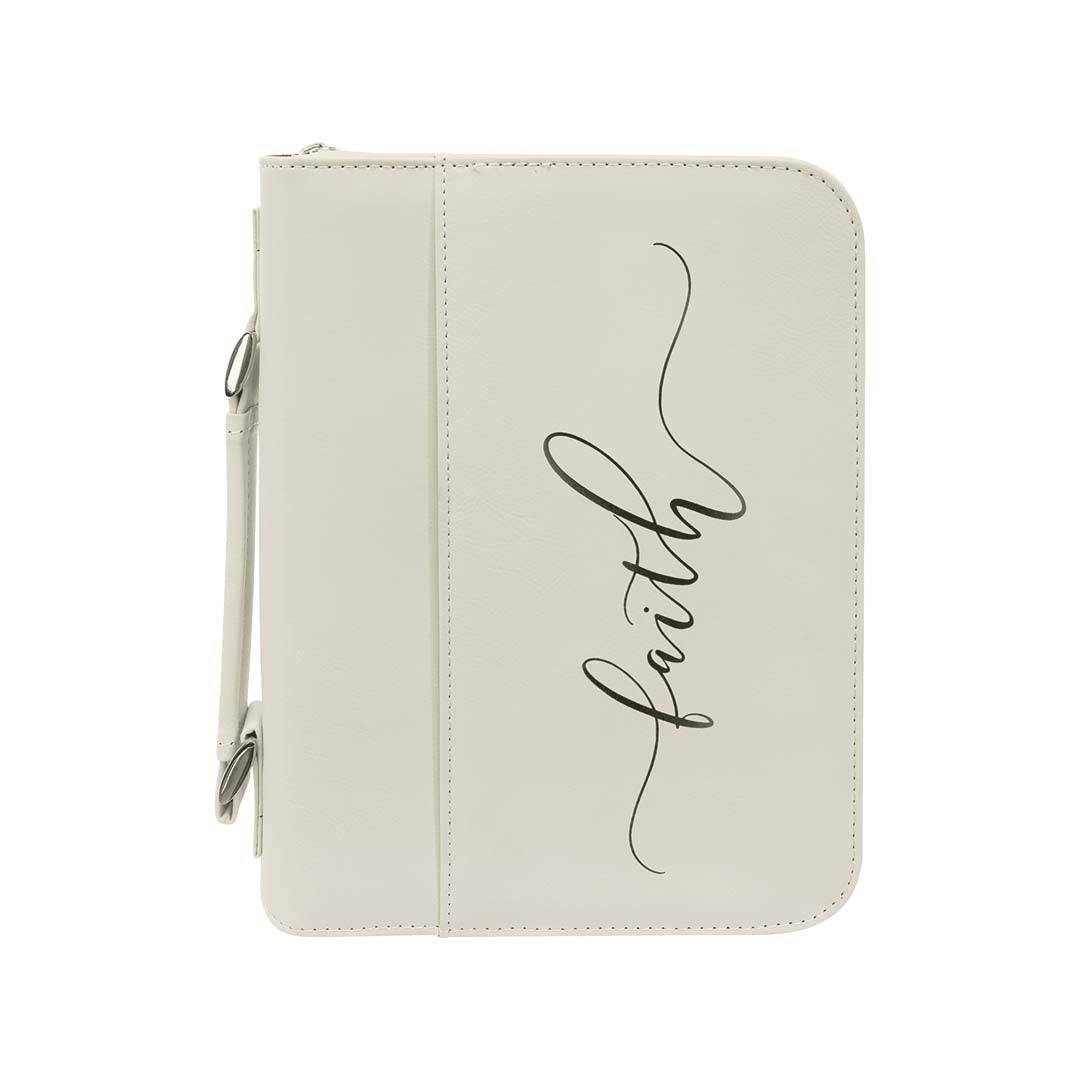 Engravable Leatherette Book/Bible Cover with Handle & Zipper Book Cover JDS 6 3/4" x 9 1/4" White/Black Engraving