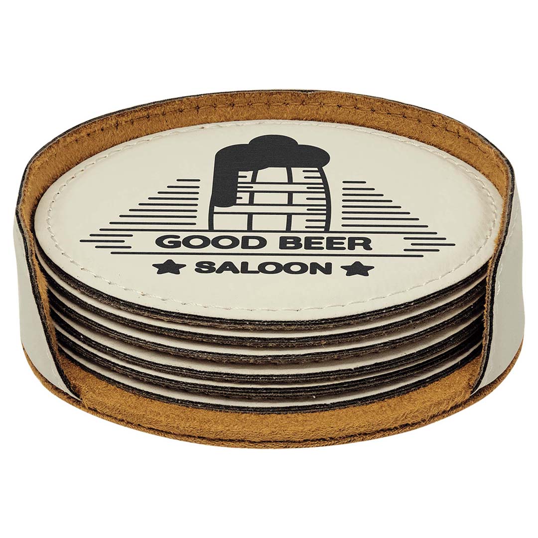 Engravable Leatherette Coaster(6) Coaster Set Drinkware JDS White/Black Engraving Round
