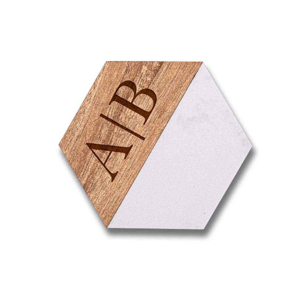 Engravable Marble and Acacia Wood Coasters (4 pack) Drinkware Profyle District Hexagon White & Wood