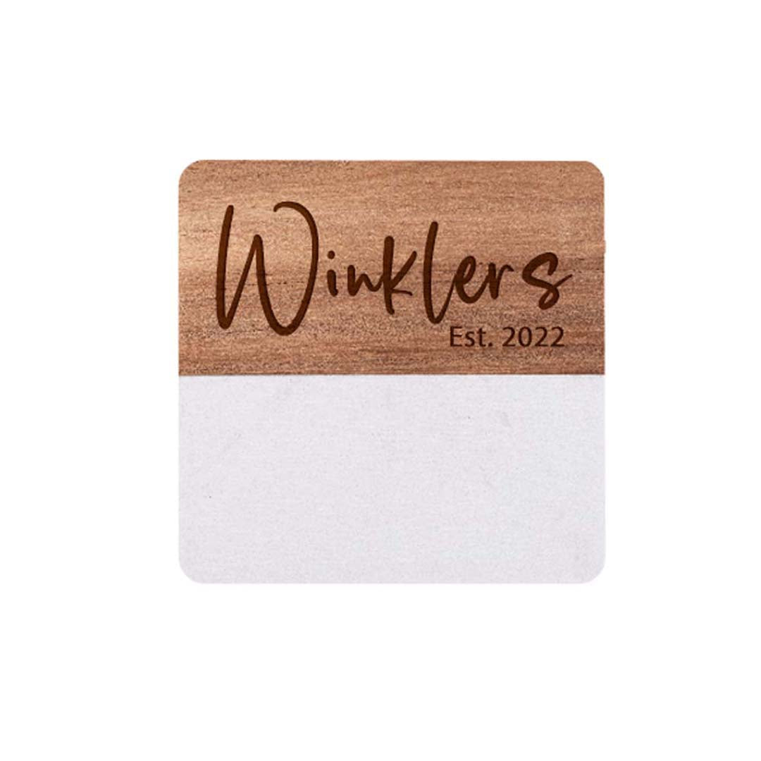 Engravable Marble and Acacia Wood Coasters (4 pack) Drinkware Profyle District Square White & Wood