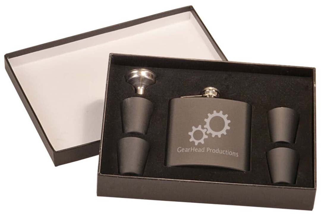 Engravable 6 oz. Flask Set in Presentation Box Drinkware JDS Matte Black/Silver Engraving