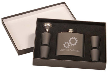 Engravable 6 oz. Flask Set in Presentation Box Drinkware JDS Matte Black/Silver Engraving