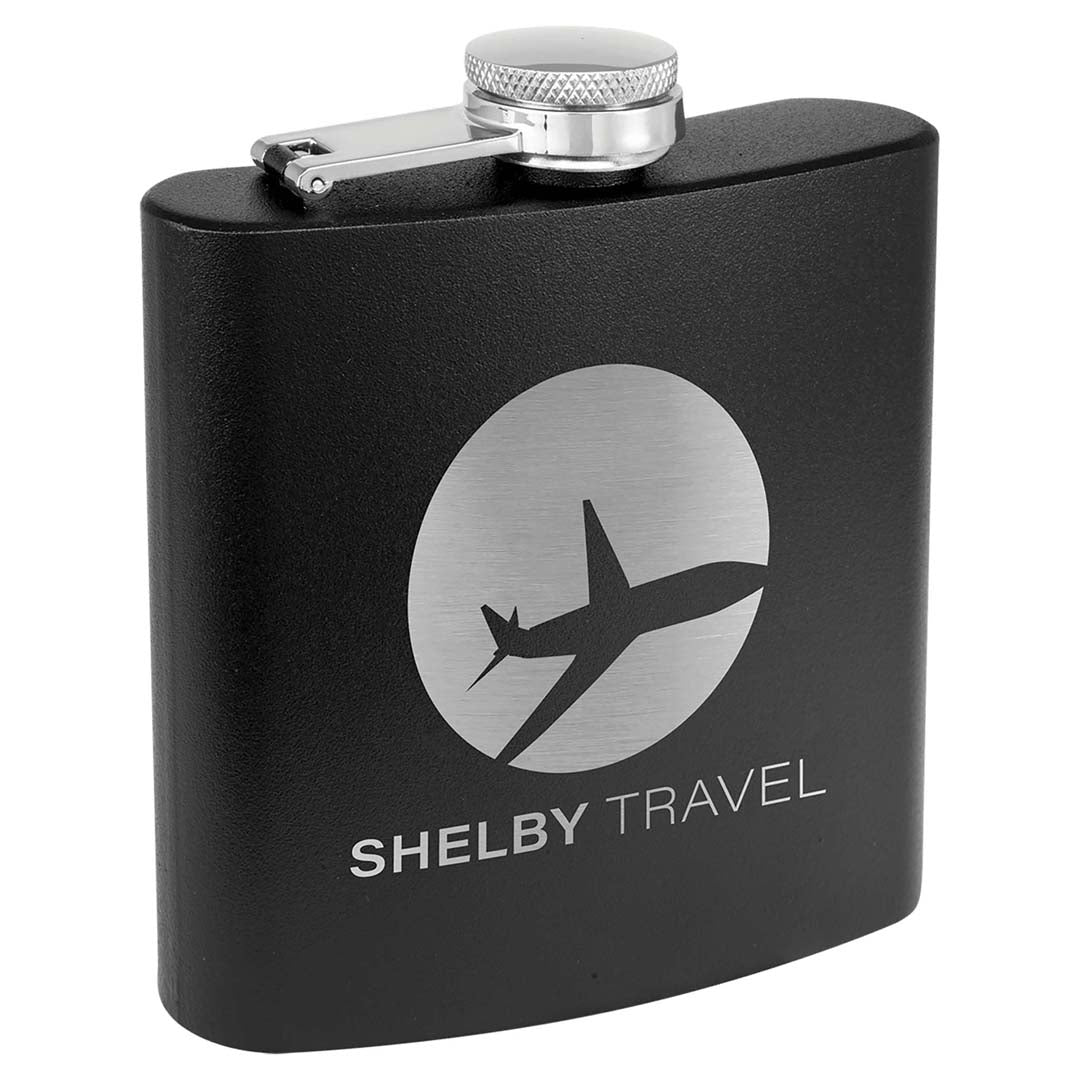 Engravable 6 oz. Stainless Steel Flask Drinkware JDS Matte Black Powder Coated/Silver Engraving