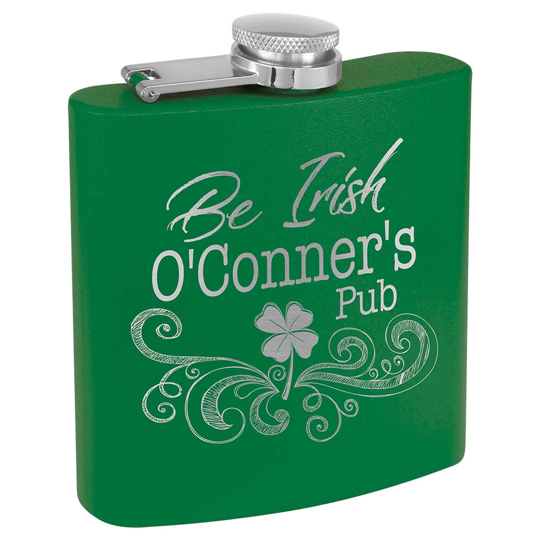 Engravable 6 oz. Stainless Steel Flask Drinkware JDS Matte Green Powder Coated/Silver Engraving
