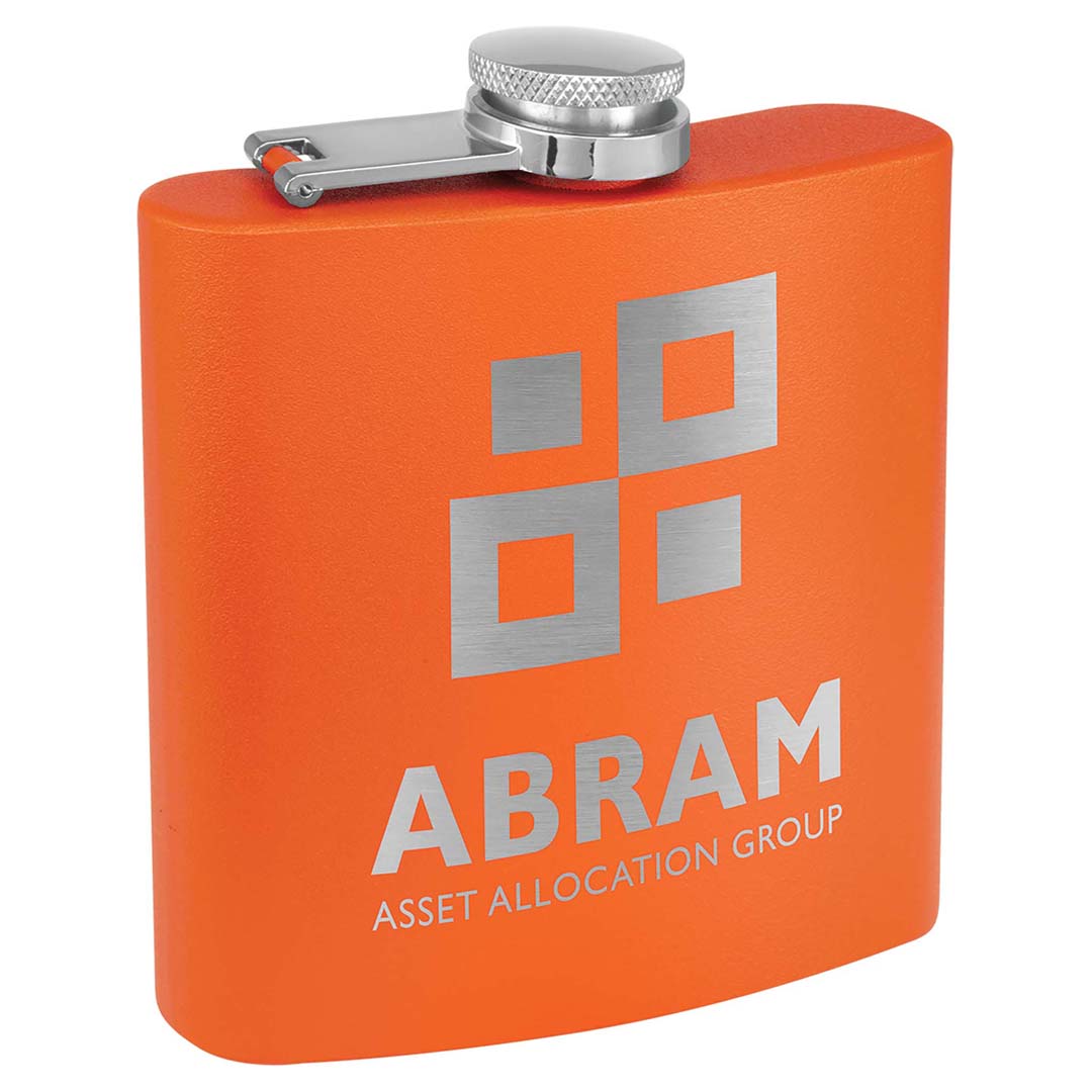 Engravable 6 oz. Stainless Steel Flask Drinkware JDS Matte Orange Powder Coated/Silver Engraving