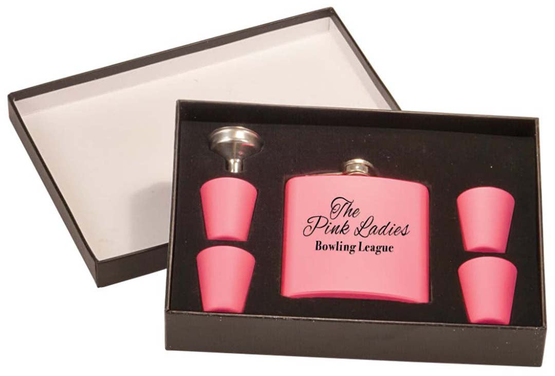 Engravable 6 oz. Flask Set in Presentation Box Drinkware JDS Matte Pink/Silver Engraving