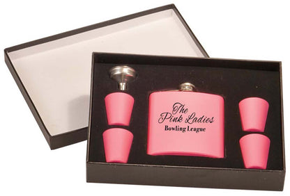 Engravable 6 oz. Flask Set in Presentation Box Drinkware JDS Matte Pink/Silver Engraving