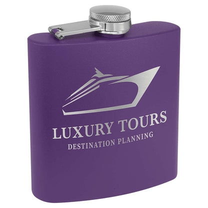 Engravable 6 oz. Stainless Steel Flask Drinkware JDS Matte Purple Powder Coated/Silver Engraving