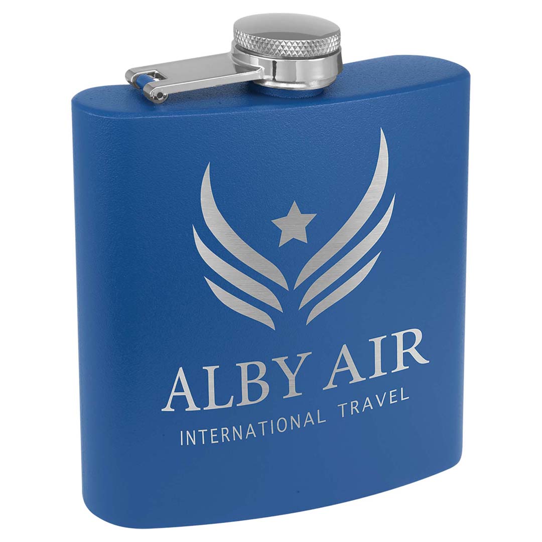 Engravable 6 oz. Stainless Steel Flask Drinkware JDS Matte Royal Blue Powder Coated/Silver Engraving
