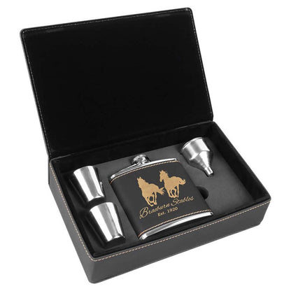 Engravable 6 oz. Flask Set in Presentation Box Drinkware JDS Black/Gold Engraving