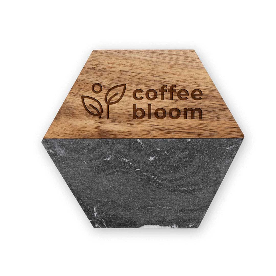 Engravable Marble and Acacia Wood Coasters (4 pack) Drinkware Profyle District Hexagon Black &amp; Wood