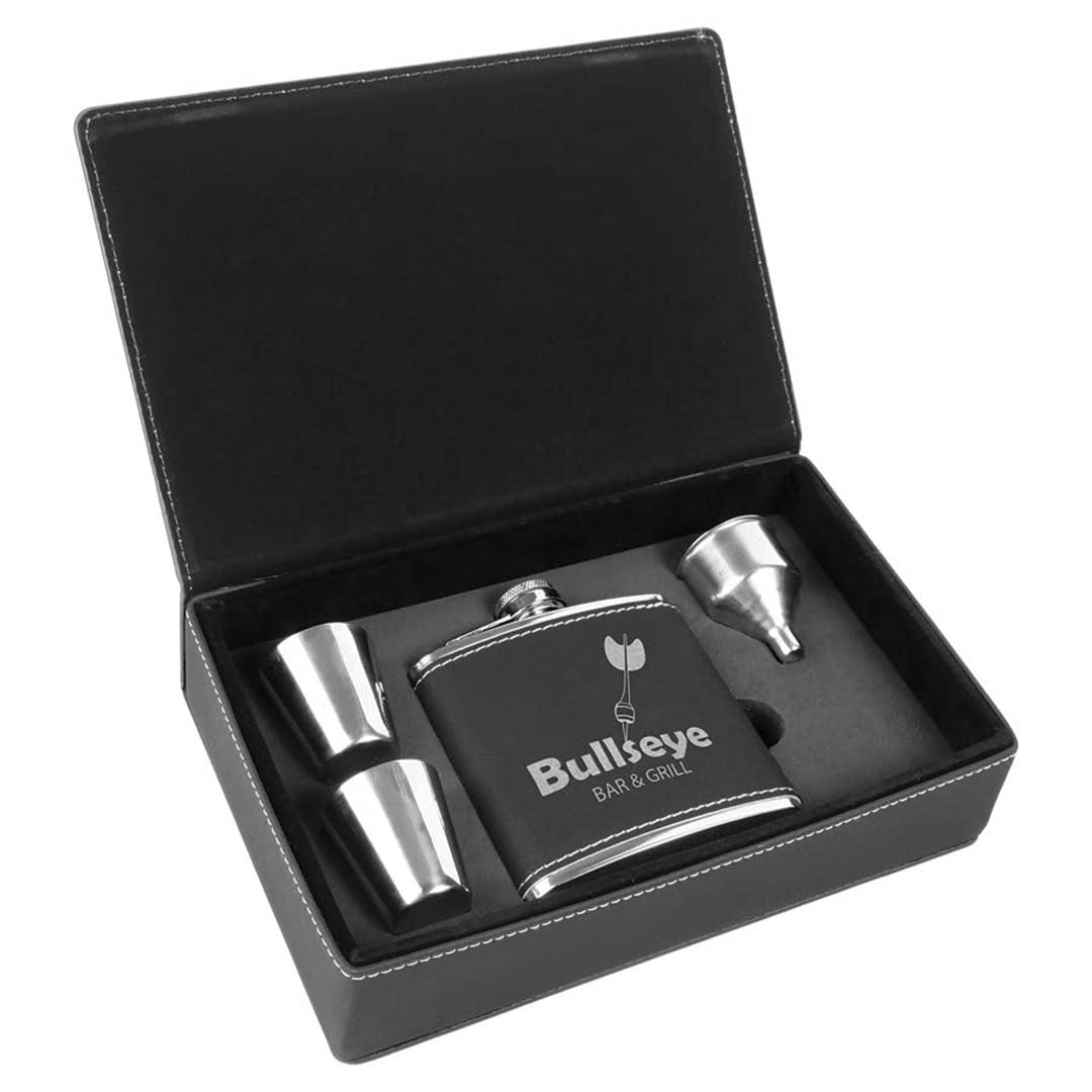 Engravable 6 oz. Flask Set in Presentation Box Drinkware JDS Black/Silver Engraving