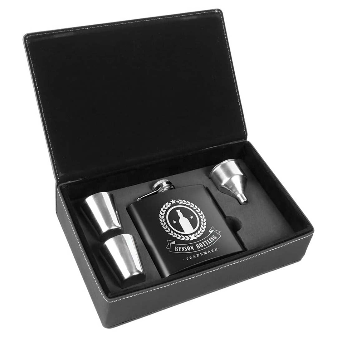 Engravable 6 oz. Flask Set in Presentation Box Drinkware JDS Black Stainless Steel/Silver Engraving