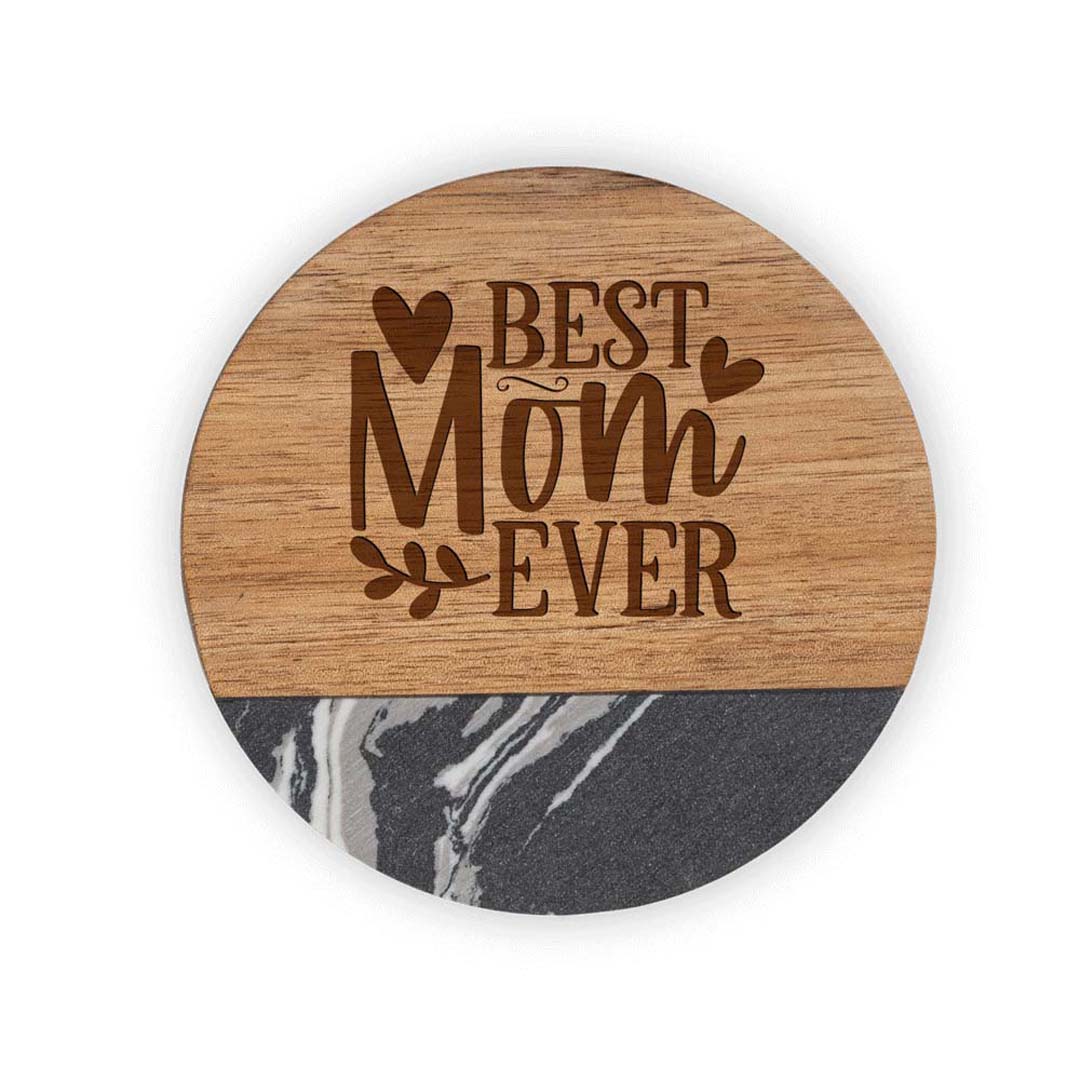 Engravable Marble and Acacia Wood Coasters (4 pack) Drinkware Profyle District Round Black &amp; Wood