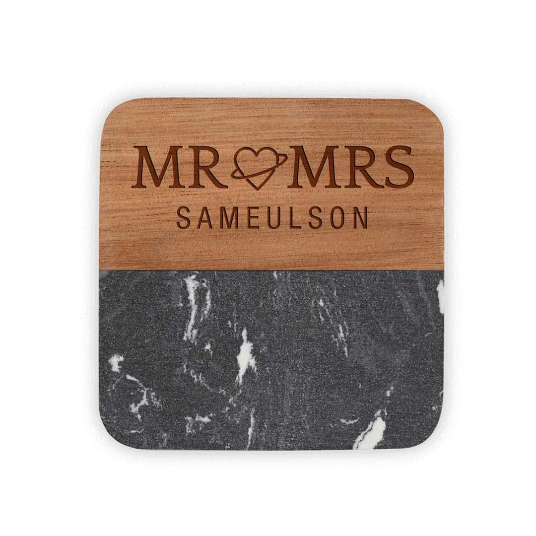 Engravable Marble and Acacia Wood Coasters (4 pack) Drinkware Profyle District Square Black &amp; Wood