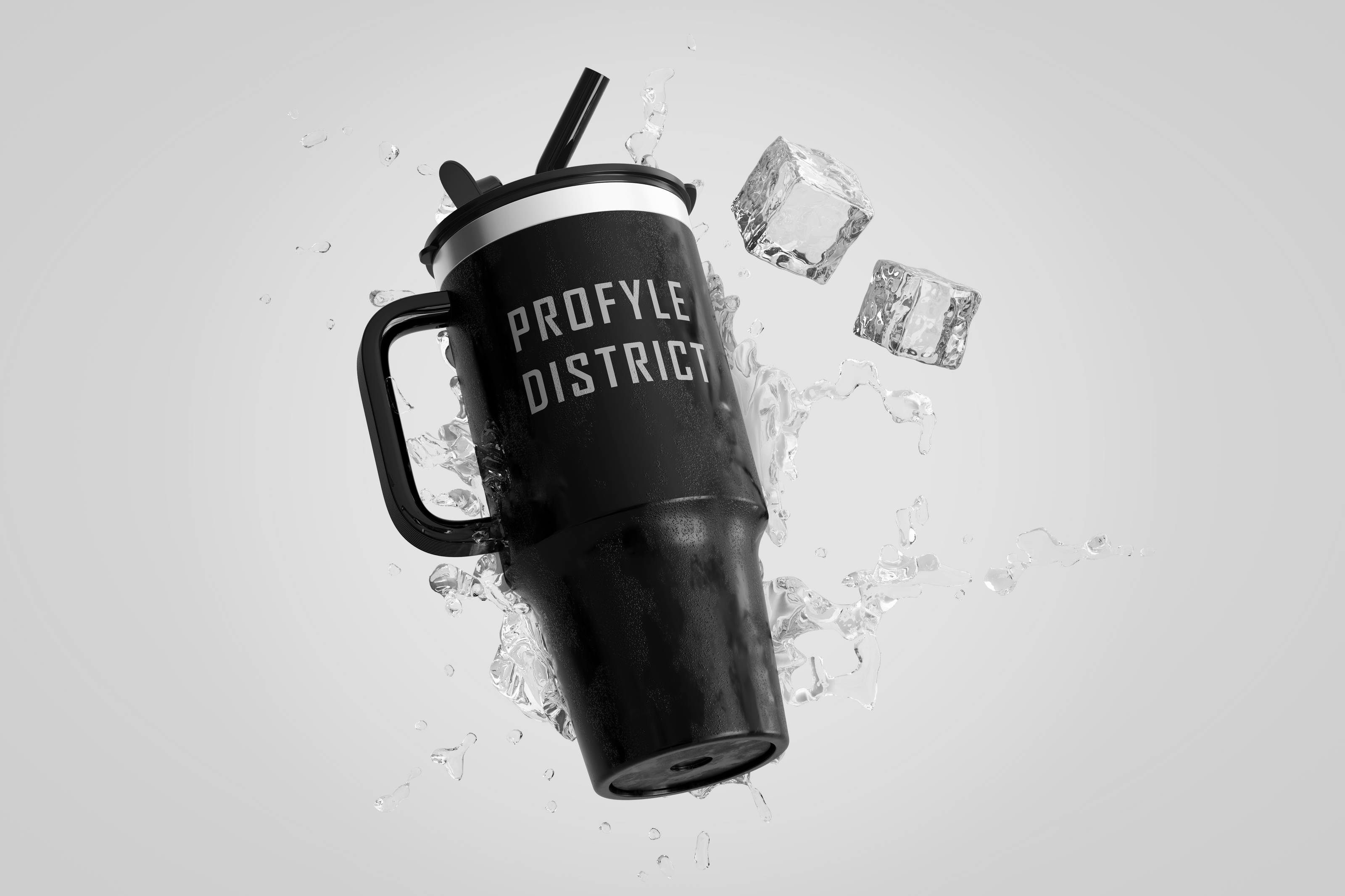 Black tumbler with 'PROFYLE DISTRICT' text on a light gray background with ice cubes.