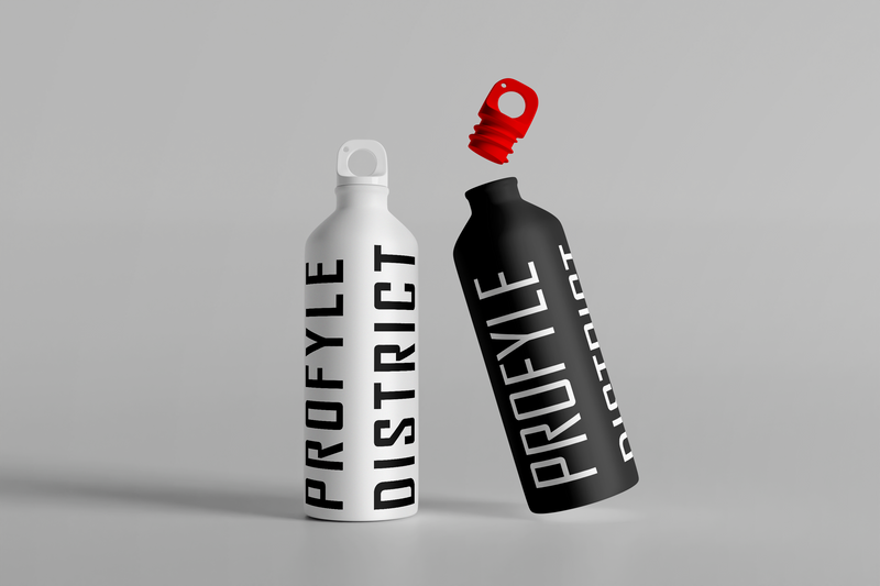 Two water bottles with 'Proyle District' branding on a gray background