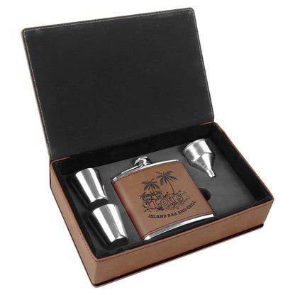 Engravable 6 oz. Flask Set in Presentation Box Drinkware JDS Dark Brown/Black Engraving