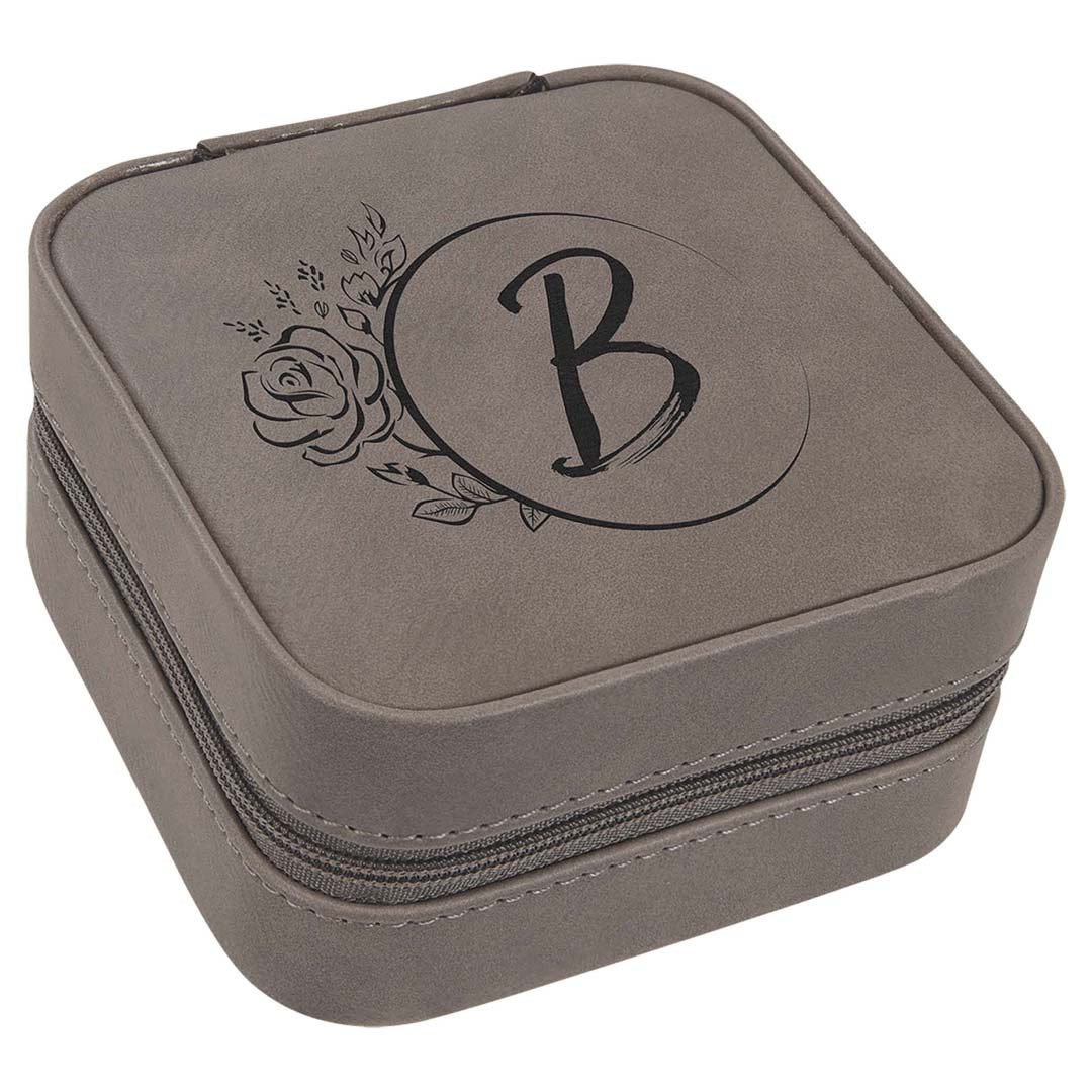 Engravable Leatherette Travel Jewelry Box Jewerly Case JDS Gray/Black Engrave