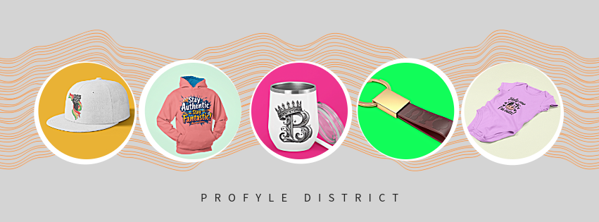 Collection of branded merchandise with 'Profylo District' branding on a light gray background.