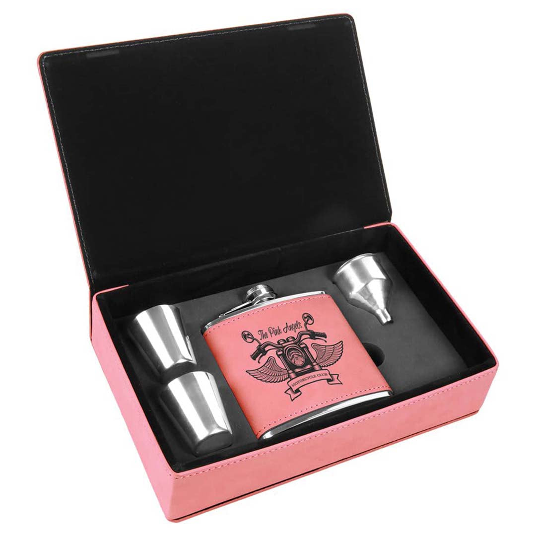 Engravable 6 oz. Flask Set in Presentation Box Drinkware JDS Pink/Black Engraving
