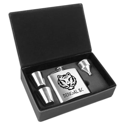Engravable 6 oz. Flask Set in Presentation Box Drinkware JDS Stainless Steel/Black Engraving
