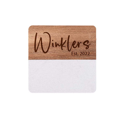 Engravable Marble and Acacia Wood Coasters (4 pack) Drinkware Profyle District Square White &amp; Wood