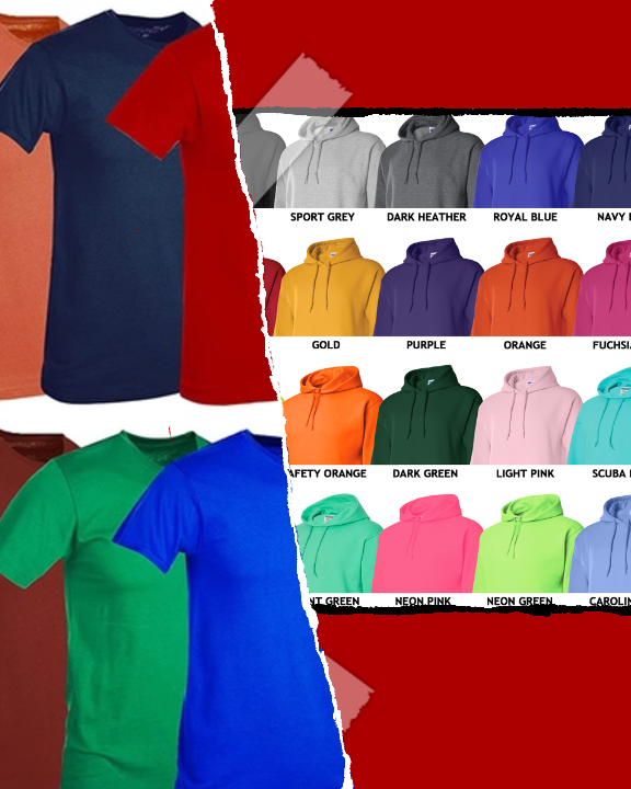 Collection of t-shirts and hoodies in various colors with color swatches below.