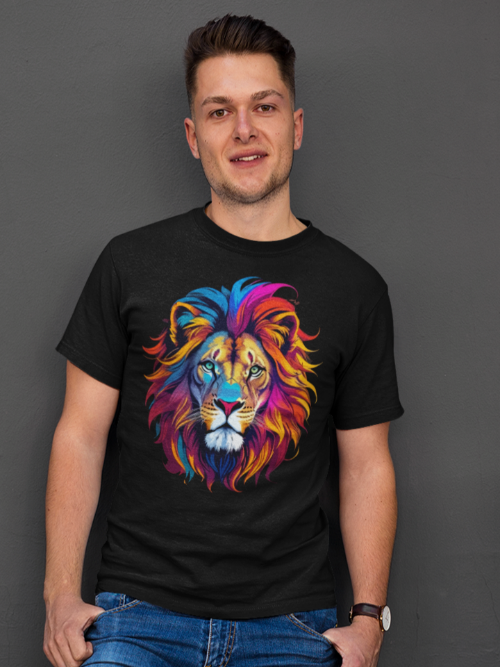 Man wearing a black t-shirt with a colorful lion graphic against a gray wall.