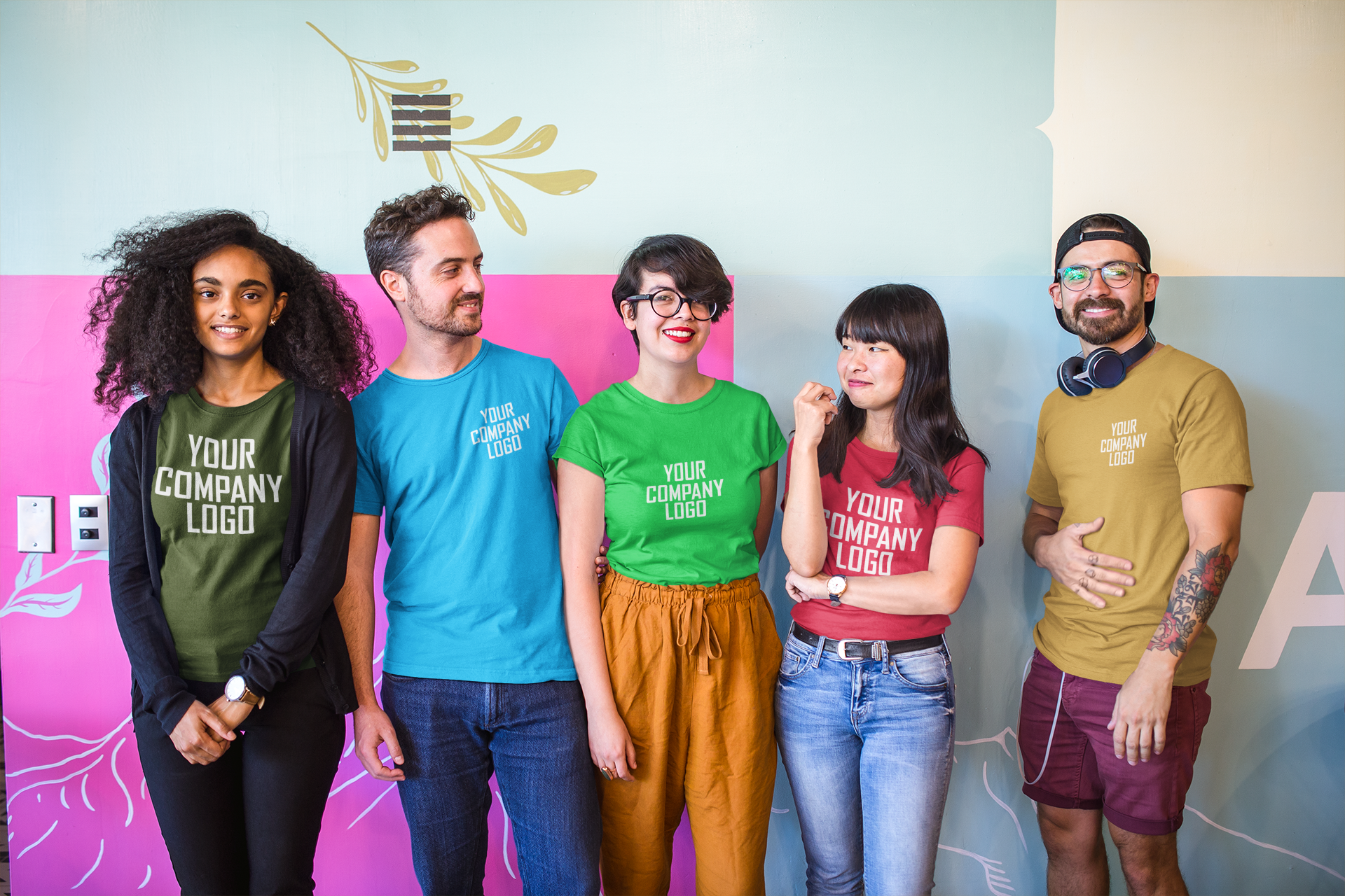 Five people wearing t-shirts with 'Your Company Logo' in front of a colorful wall.