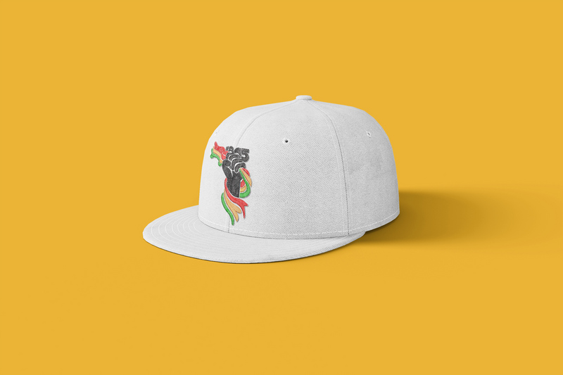 White cap with a colorful design on a yellow background