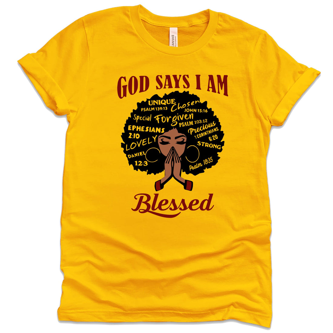 God Says I Am Blessed T-Shirts Profyle District Unisex Small Mustard