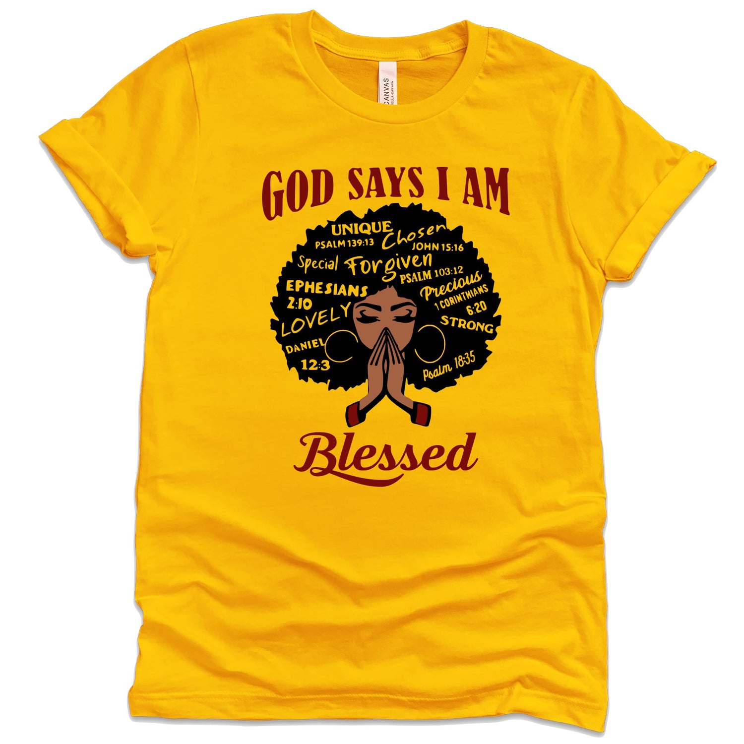 God Says I Am Blessed T-Shirts Profyle District Unisex Small Mustard