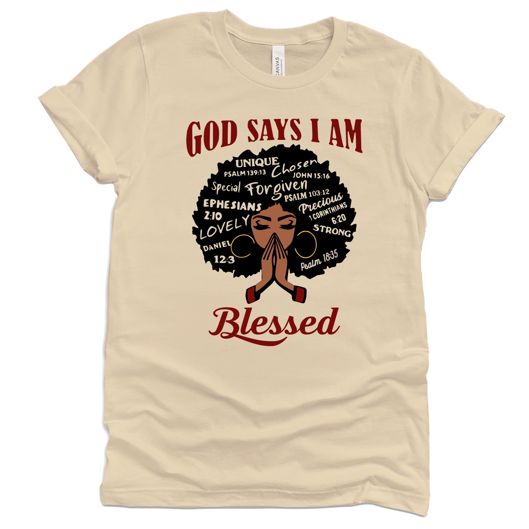 God Says I Am Blessed T-Shirts Profyle District Unisex Small Soft Cream