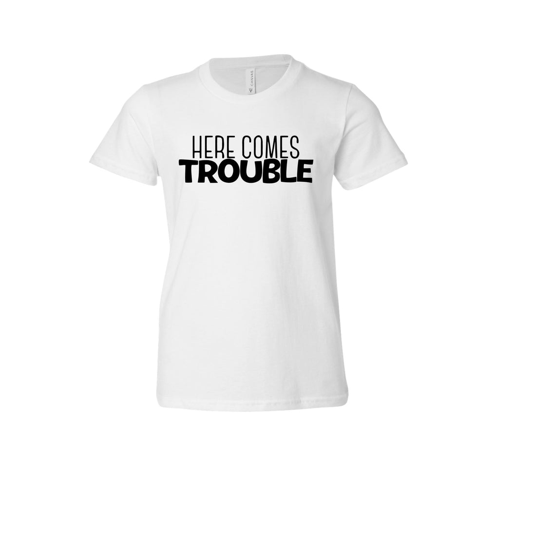 Here Comes Trouble (Youth) Youth T-Shirts Profyle District Youth Small White