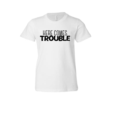 Here Comes Trouble (Youth) Youth T-Shirts Profyle District Youth Small White